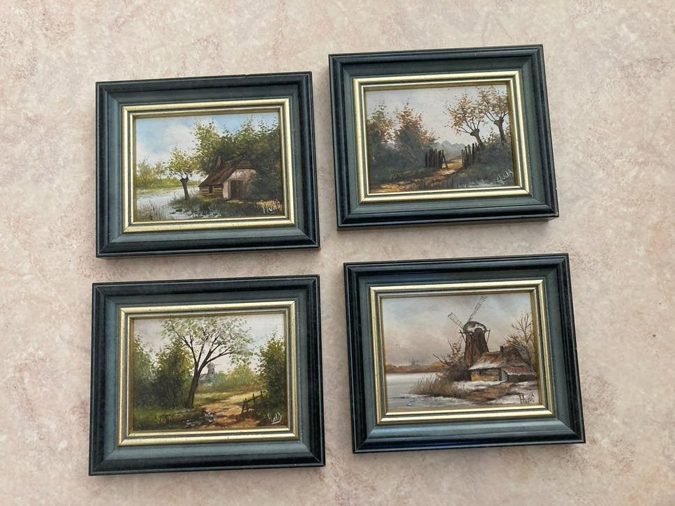Set van 4 klassieke landschapsschilderijtjes, Paneel, Ophalen of Verzenden, Gesigneerd, Landschap