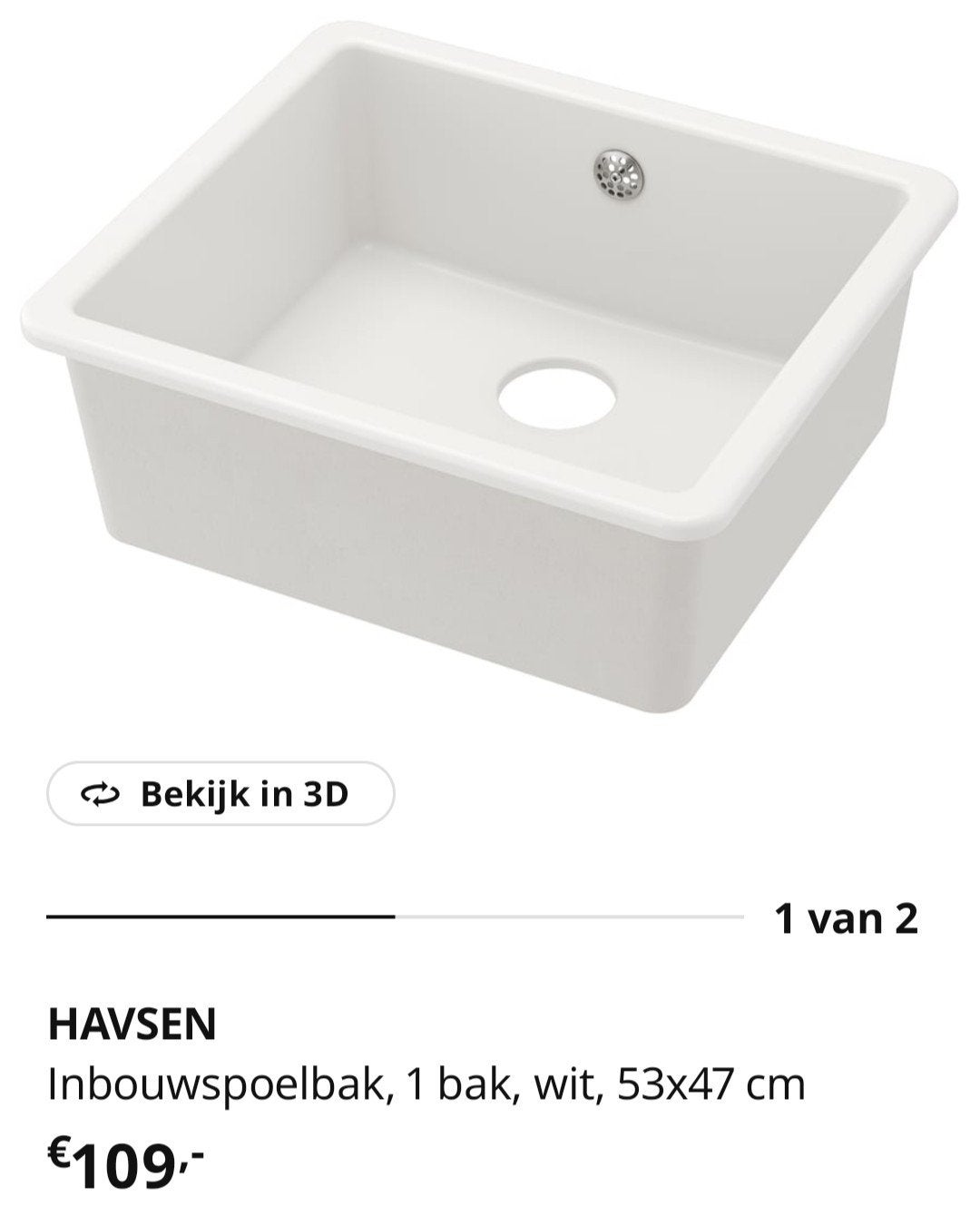 Havsen keramiek inbouwspoelbak Ikea 53x47 cm, Ophalen, Minder dan 50 cm, Wit, Nieuw