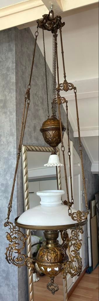 Antieke olielamp / hanglamp met contragewicht, Antiek en Kunst, Antiek | Lampen, Ophalen of Verzenden