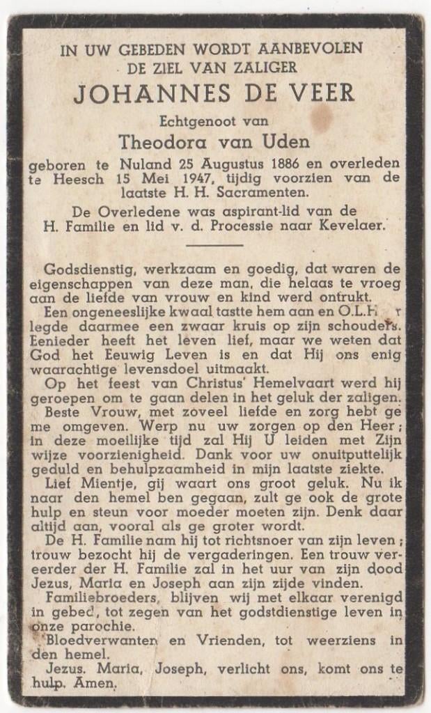 Johannes de Veer 1886 Nuland + 1947 Heesch, 60 jaar, Verzenden