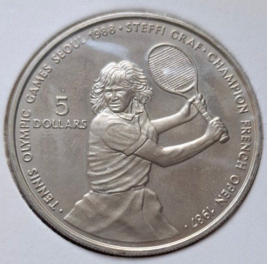 Niue 5 dollars 1987 Km 5 Tennis, Steffi Graf, Verzenden, Losse munt