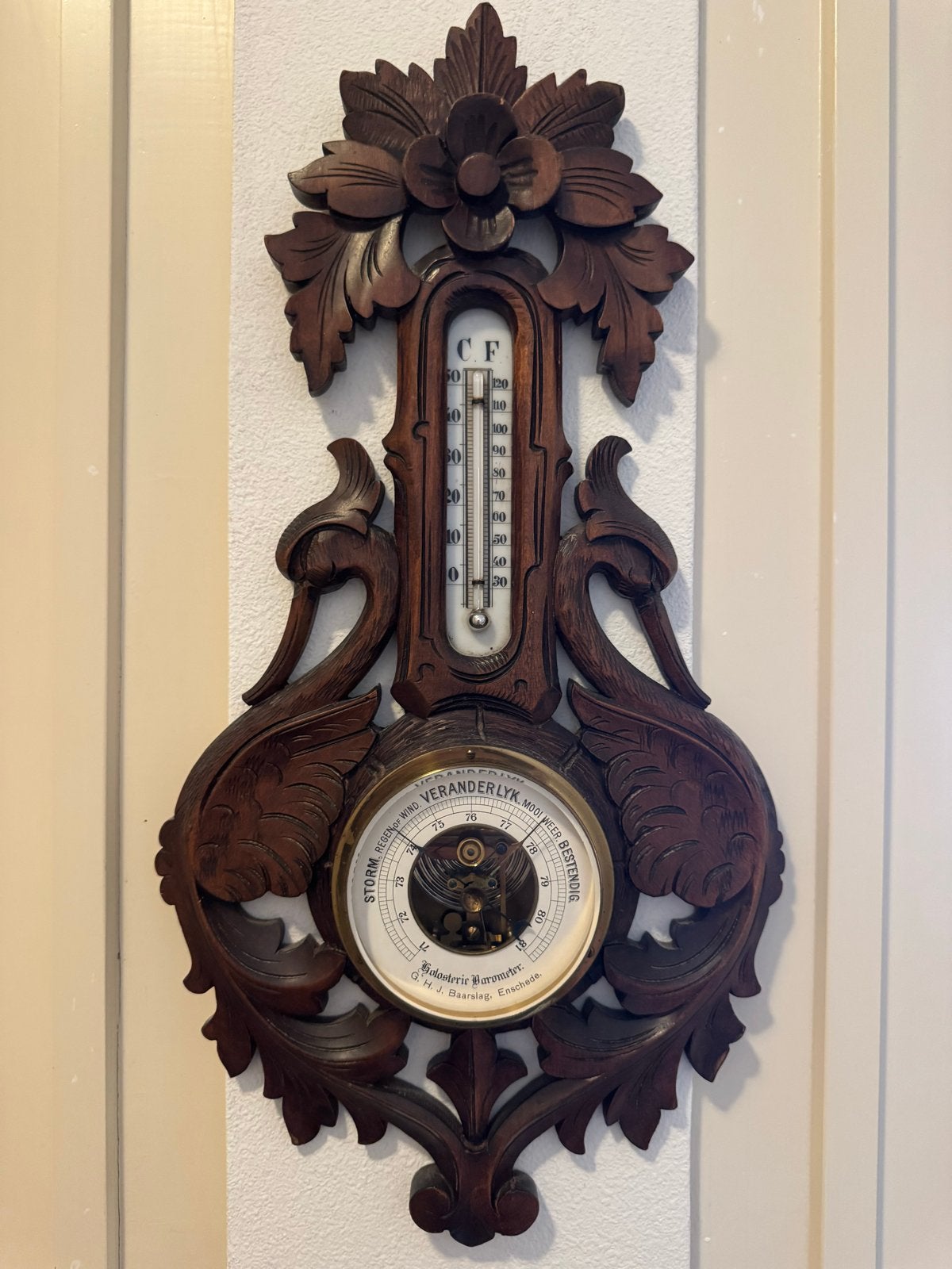 Antiek Weerstation Bruin Hout - Barometer & Thermometer, Ophalen, Gebruikt, Weerstation