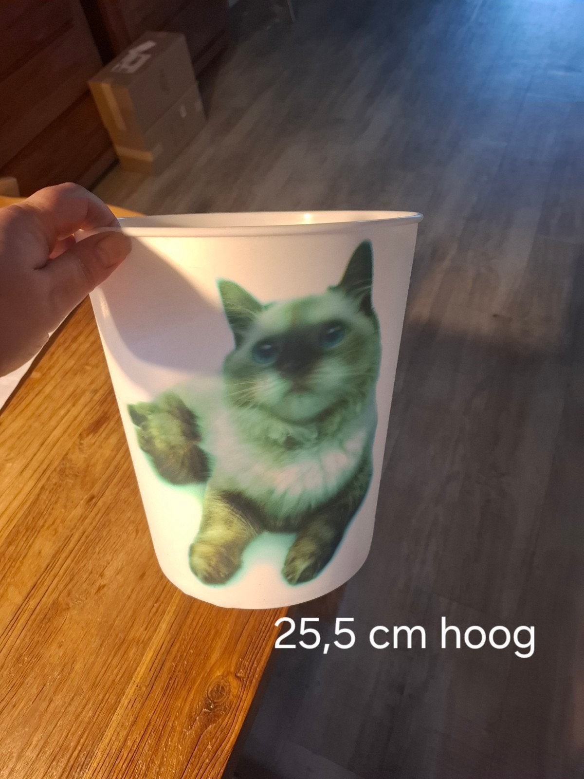 Prullenbak met kattenafbeelding - 25,5 cm hoog, Overige stijlen, Kunststof, Ophalen of Verzenden, Zo goed als nieuw