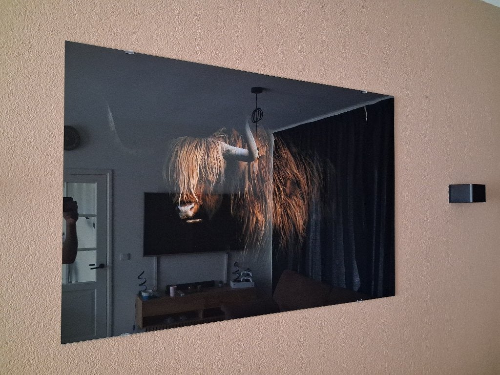 Glasschilderij ‘Schotse hooglander’, Huis en Inrichting, Ophalen, Zo goed als nieuw, Schilderij, 100 tot 125 cm