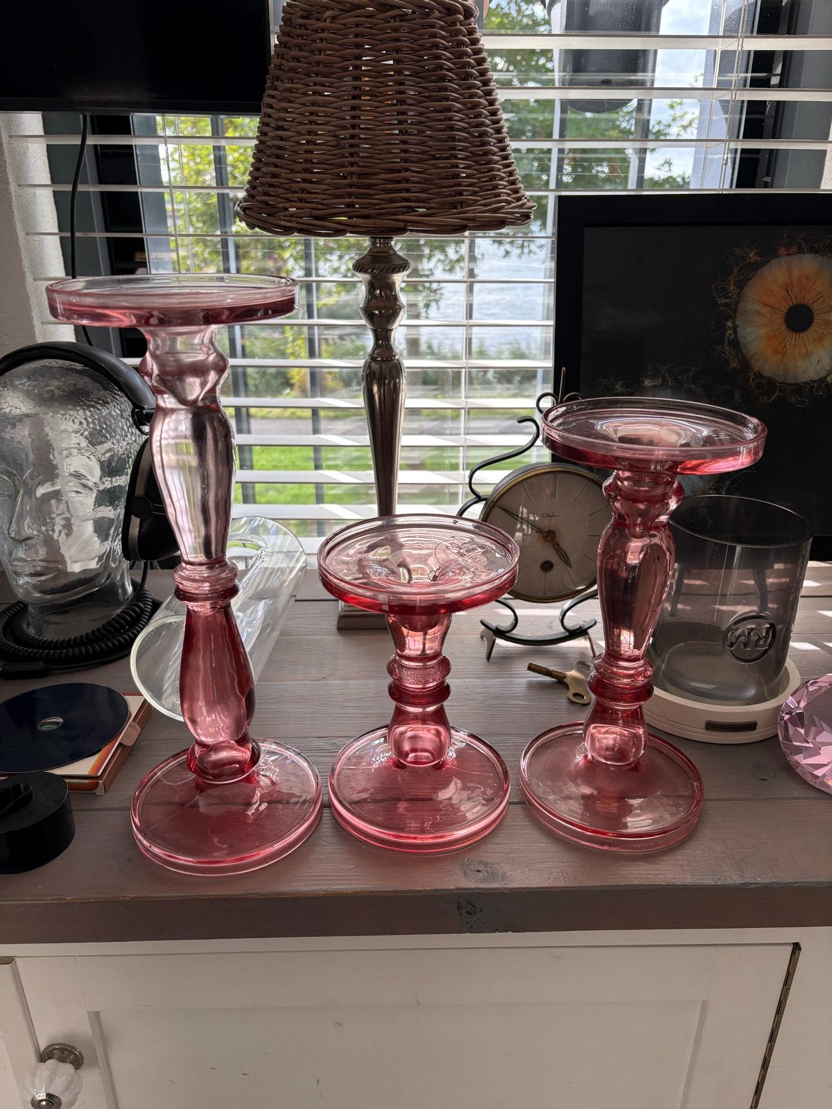 Set van 3 Riverdale kandelaars van dik glas - oudroze, Huis en Inrichting, Riverdale, Gebruikt, Ophalen of Verzenden, Glas