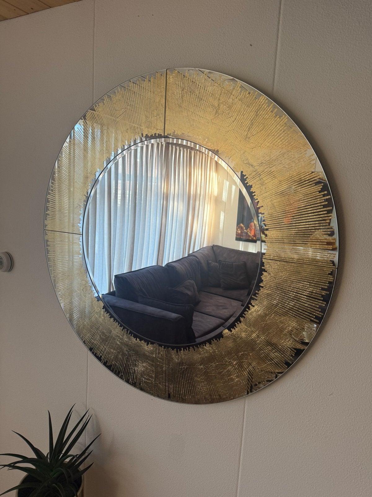 Ronde spiegel met gouden rand - Diameter 100cm, Gebruikt, Rond, Ophalen of Verzenden, 75 tot 100 cm