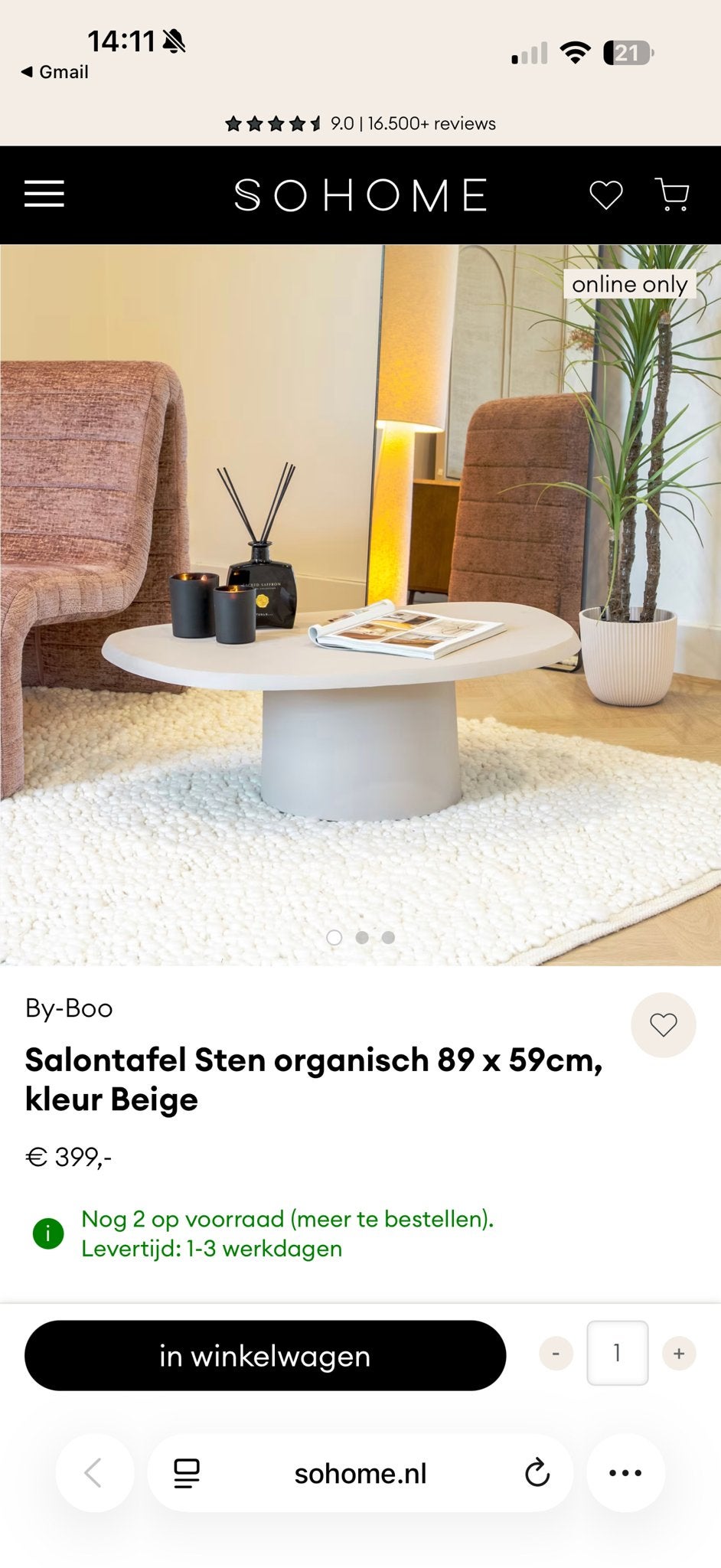 Sohome Salontafel By-Boo Sten Organisch Beige, Huis en Inrichting, Tafels | Salontafels, Ophalen, Overige materialen, 50 tot 100 cm