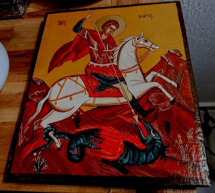 Handgemaakte Byzantijnse icoon van Sint Joris en de draak, Ophalen of Verzenden