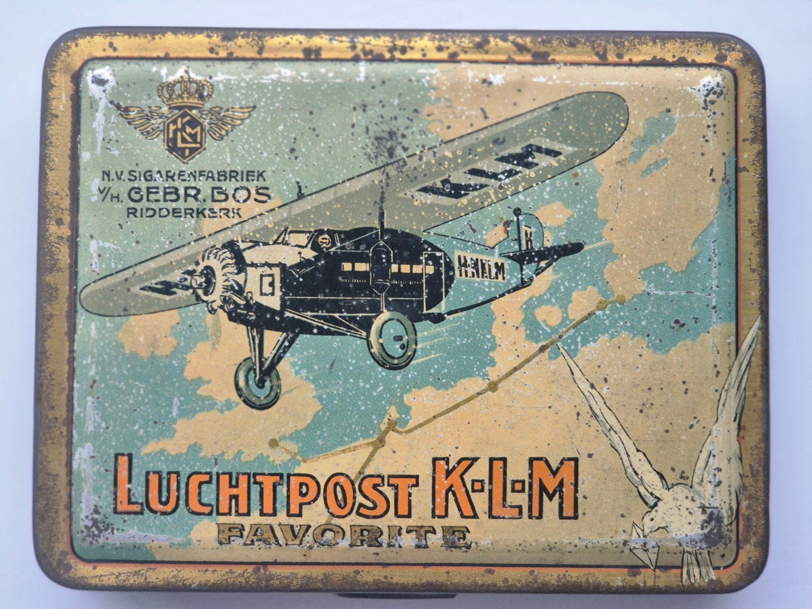 K.L.M Luchtpost Favorite sigaren blik Gebr Bos Ridderkerk, Verzamelen, Blikken, Ophalen of Verzenden, Gebruikt, Overige
