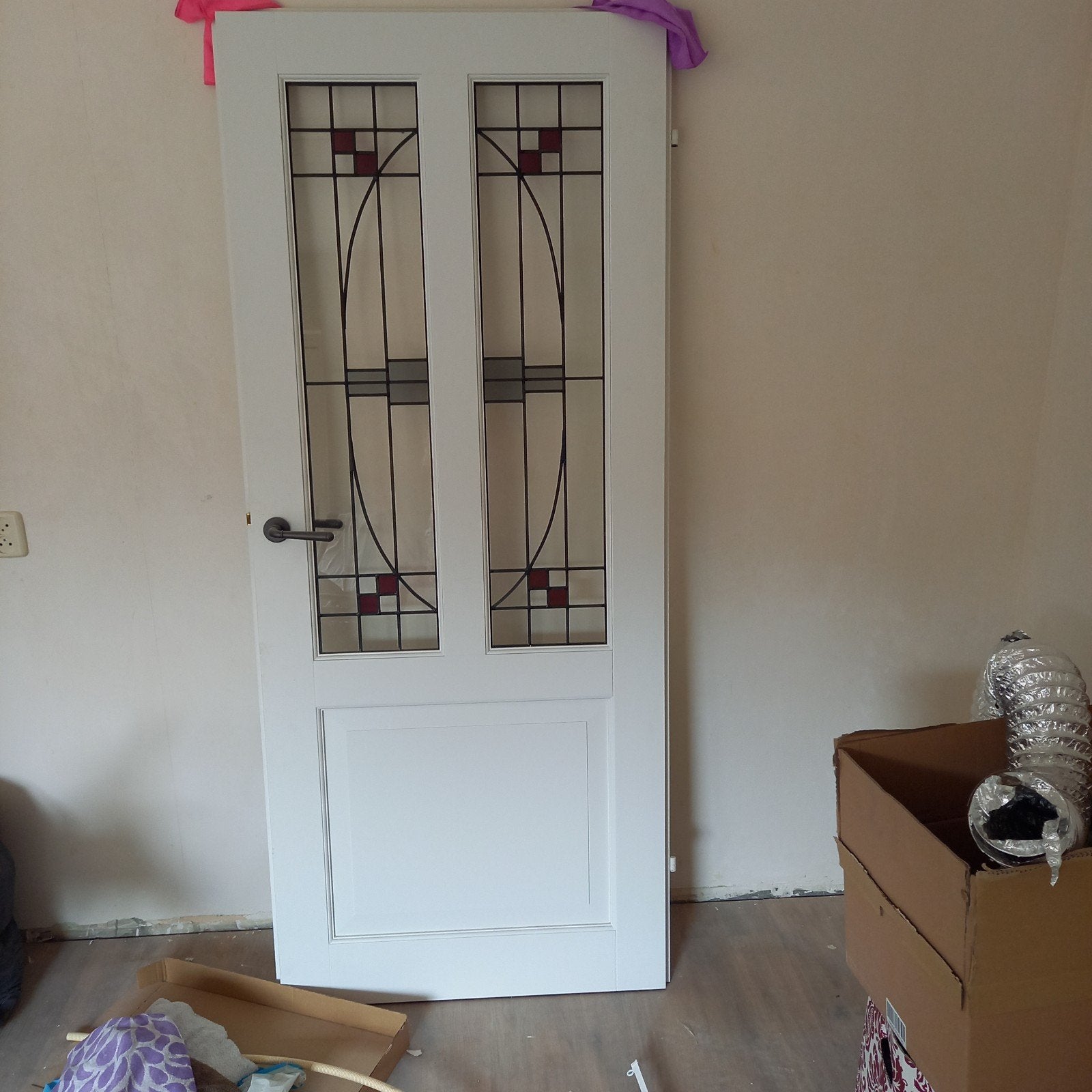 Opdekdeur met mooie glas in lood ruiten, Doe-het-zelf en Verbouw, Deuren en Horren, Ophalen, Gebruikt, 80 tot 100 cm, Binnendeur