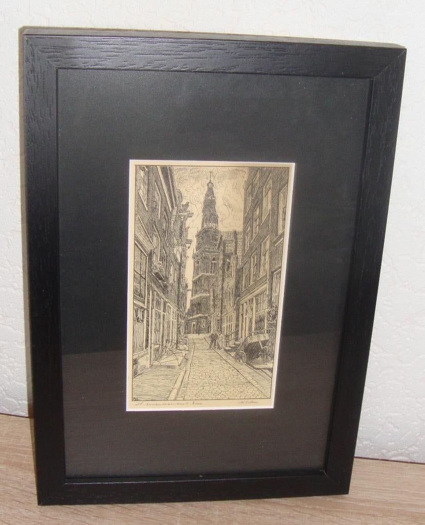 Amsterdam , St. Annendwarsstraat - M. Labrie - ingelijst, Ophalen of Verzenden, Ets, Ingelijst