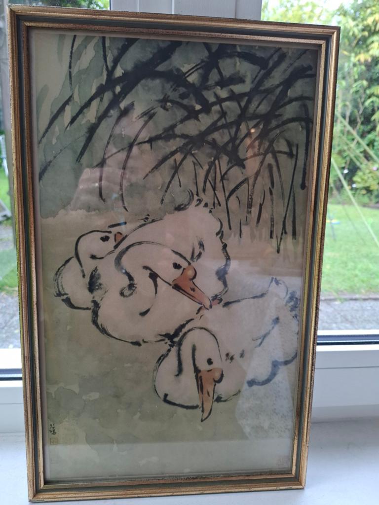 Ingelijste aquarel van eenden in riet, Antiek en Kunst, Ophalen of Verzenden