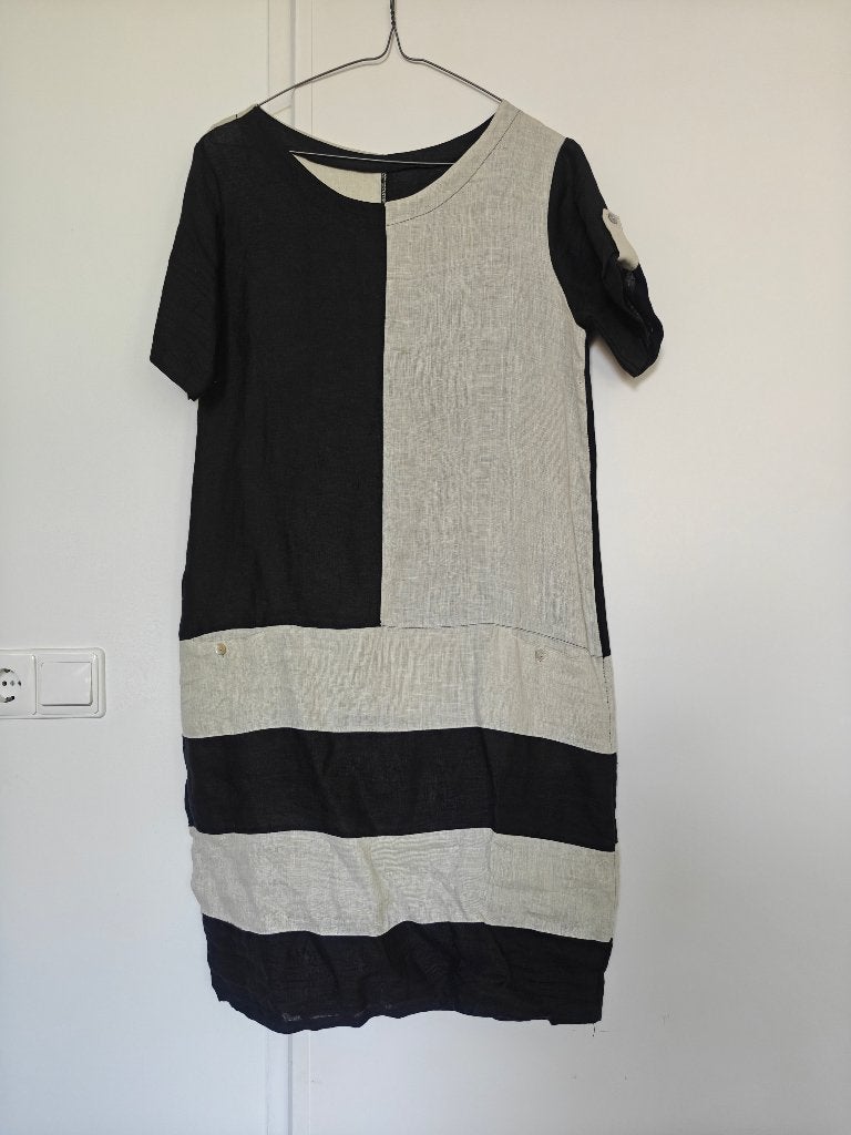 linnen jurk, zomerjurkje, zwart en ecru, naturel, M, Maat 38/40 (M), Overige kleuren, Nieuw, Ophalen of Verzenden