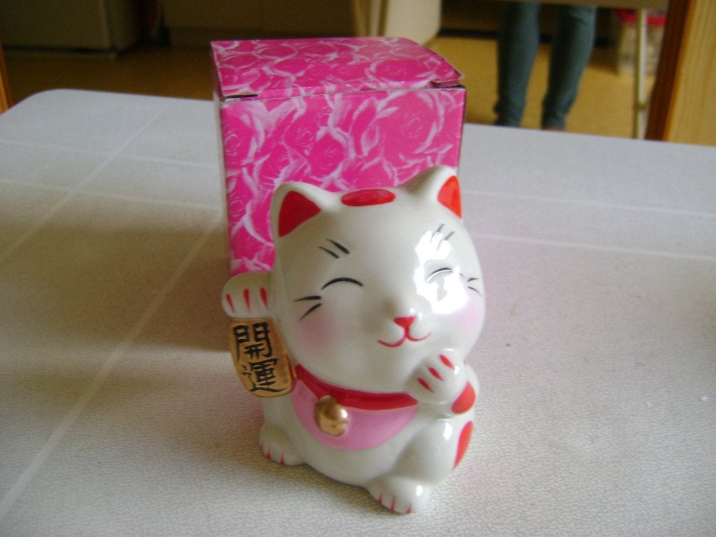 nieuw in doos chinese spaarpot van poes van 10hoogx7breed, Verzamelen, Spaarpotten, Ophalen of Verzenden, Nieuw, Steen, Aardewerk of Keramiek