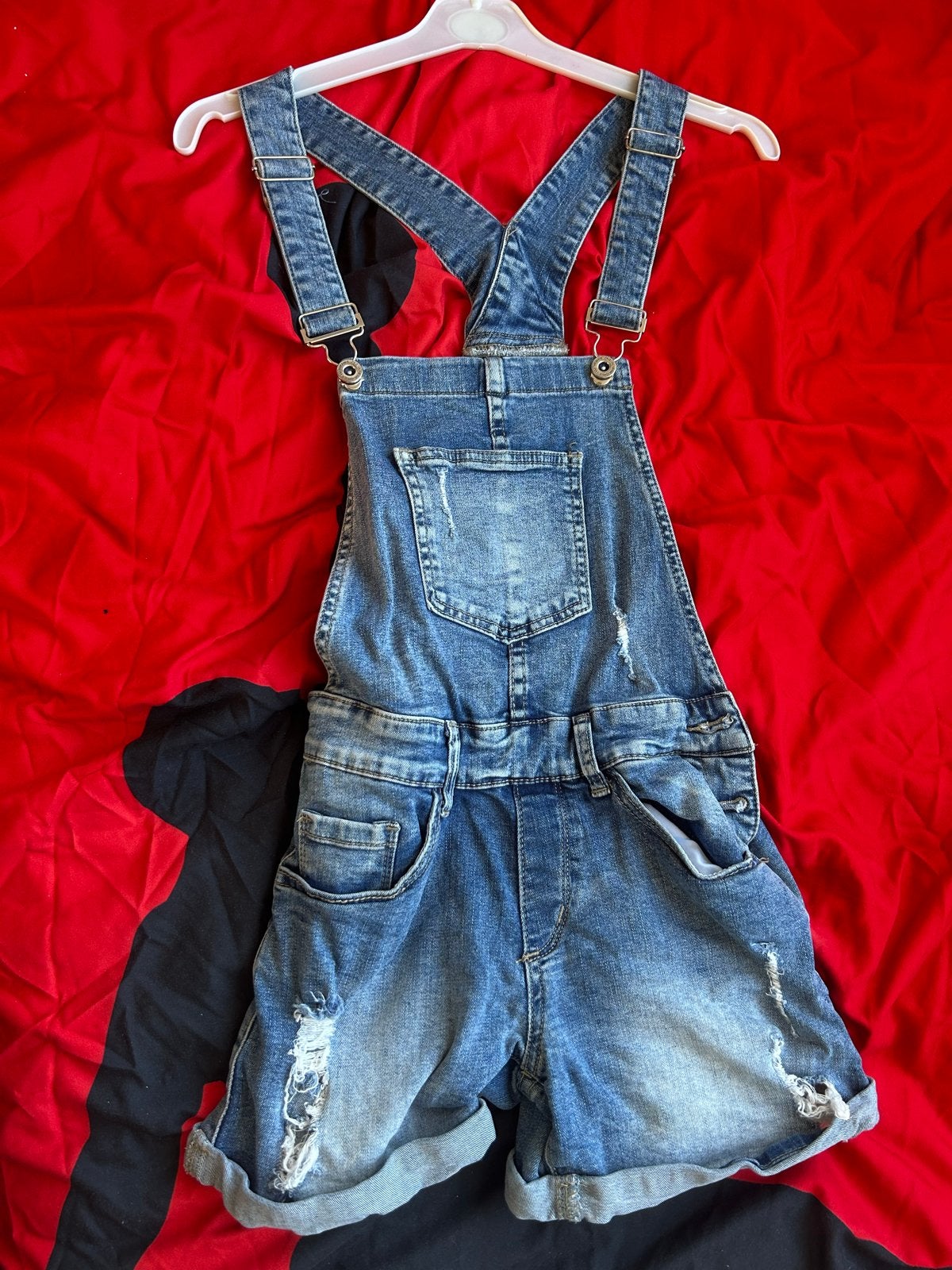 Stoere denim tuinbroek short met distressed details, Ophalen of Verzenden
