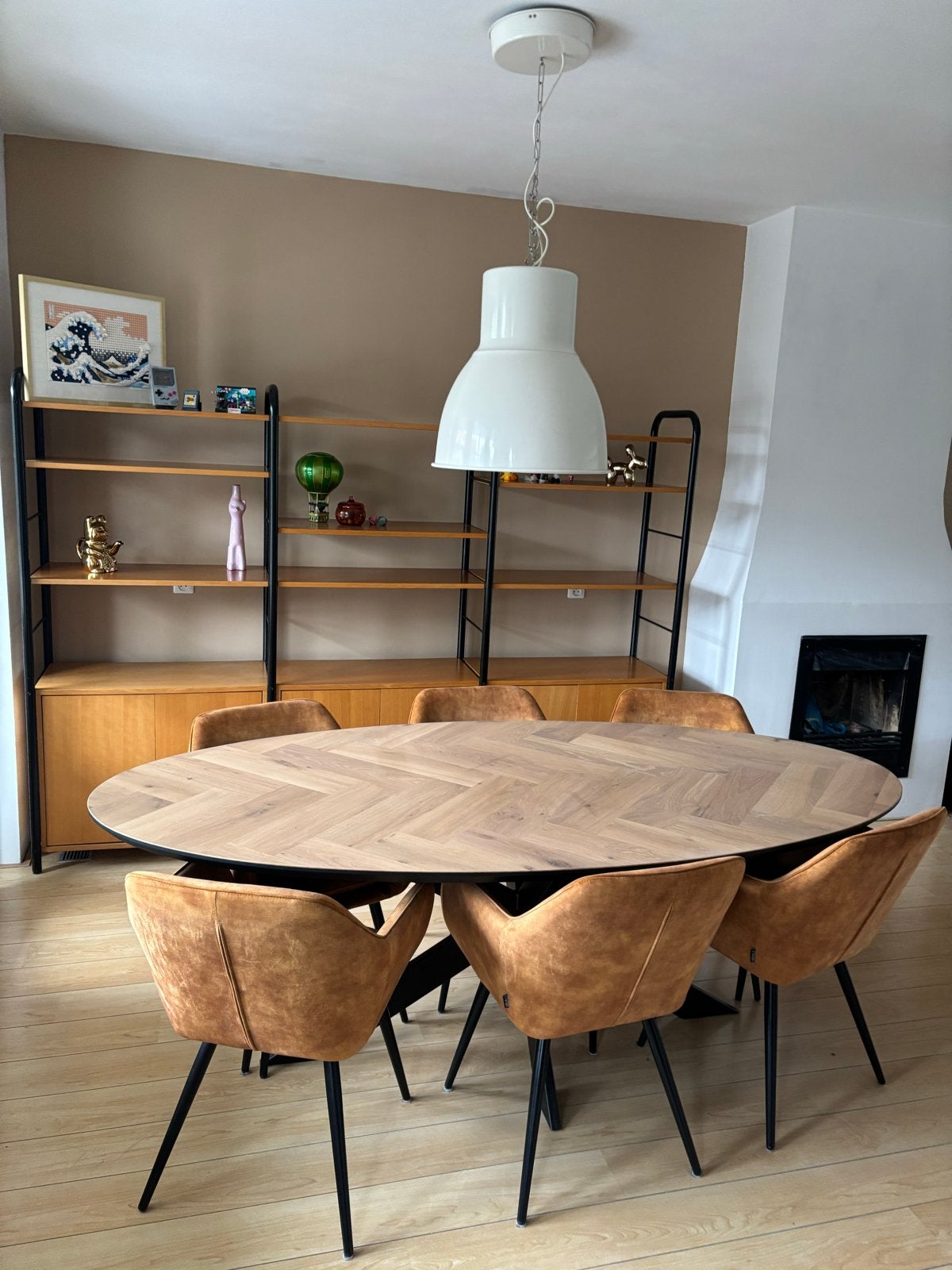 De Bommel ovale eettafel visgraat 110x220x77 cm, Ophalen, 100 tot 150 cm, Eikenhout, 200 cm of meer