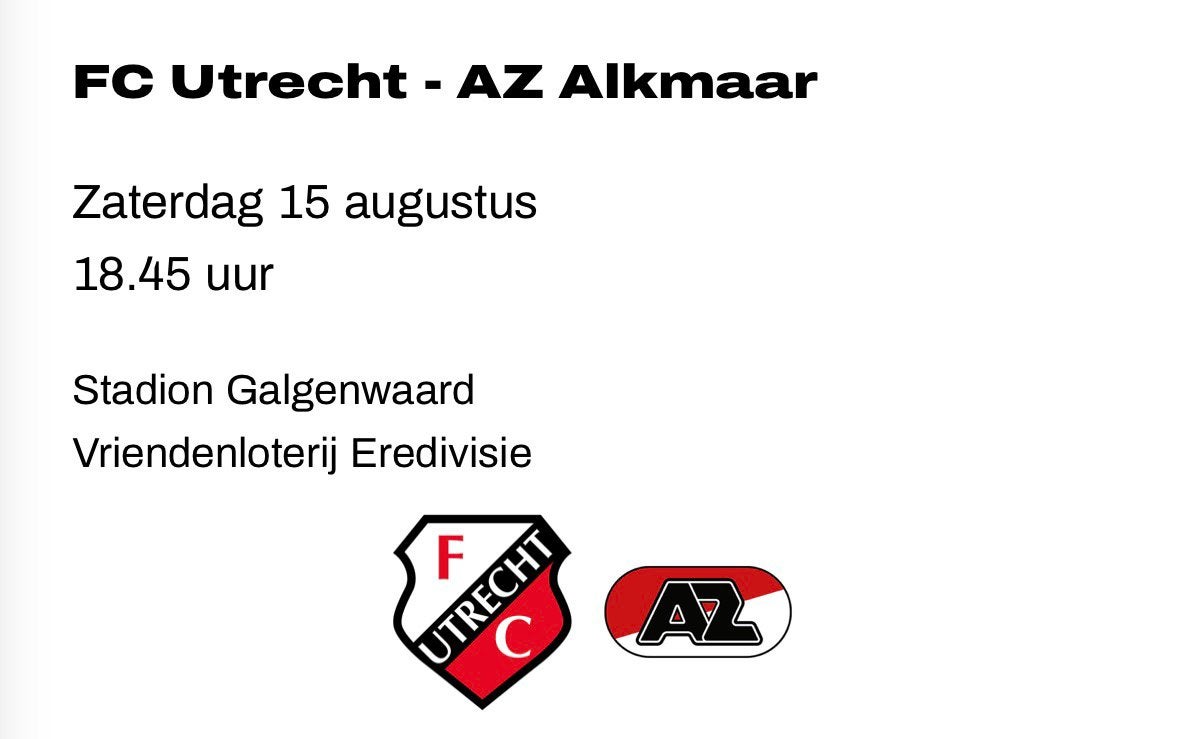 FC Utrecht -AZ 2 tickets bunnikside, Tickets en Kaartjes, Twee personen