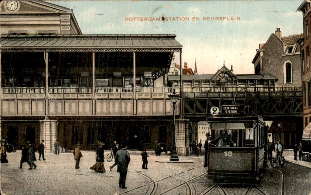 Rotterdam - Station - Beursplein, Verzamelen, Ansichtkaarten | Nederland, Gelopen, Zuid-Holland, Voor 1920, Ophalen of Verzenden
