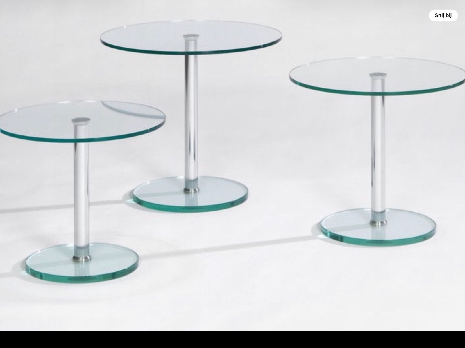 Te koop 2 glazen design Metaform bijzettafels, z.g.a.n., Minder dan 55 cm, Design, Rond, Ophalen