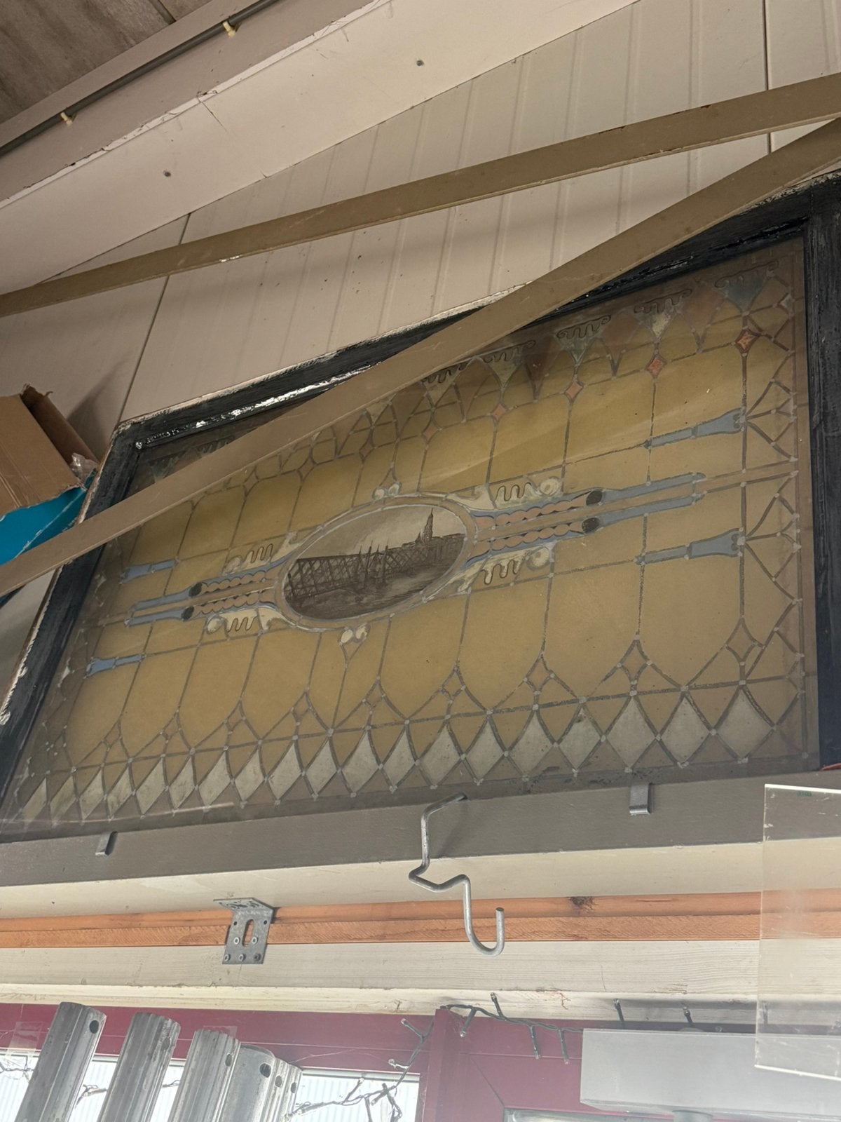Antiek glas-in-loodraam met historische Utrechtse brug, Ophalen