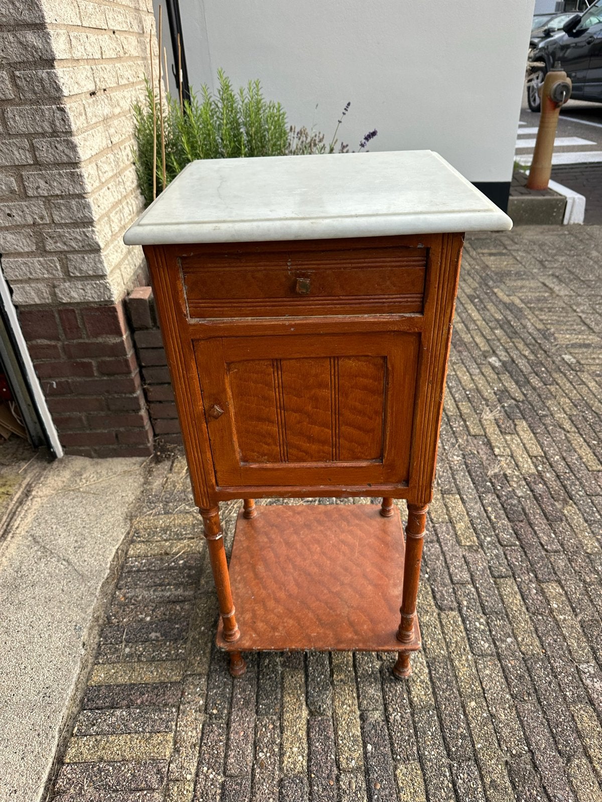 Antiek Nachtkastje met Marmeren Blad en Lade, Ophalen