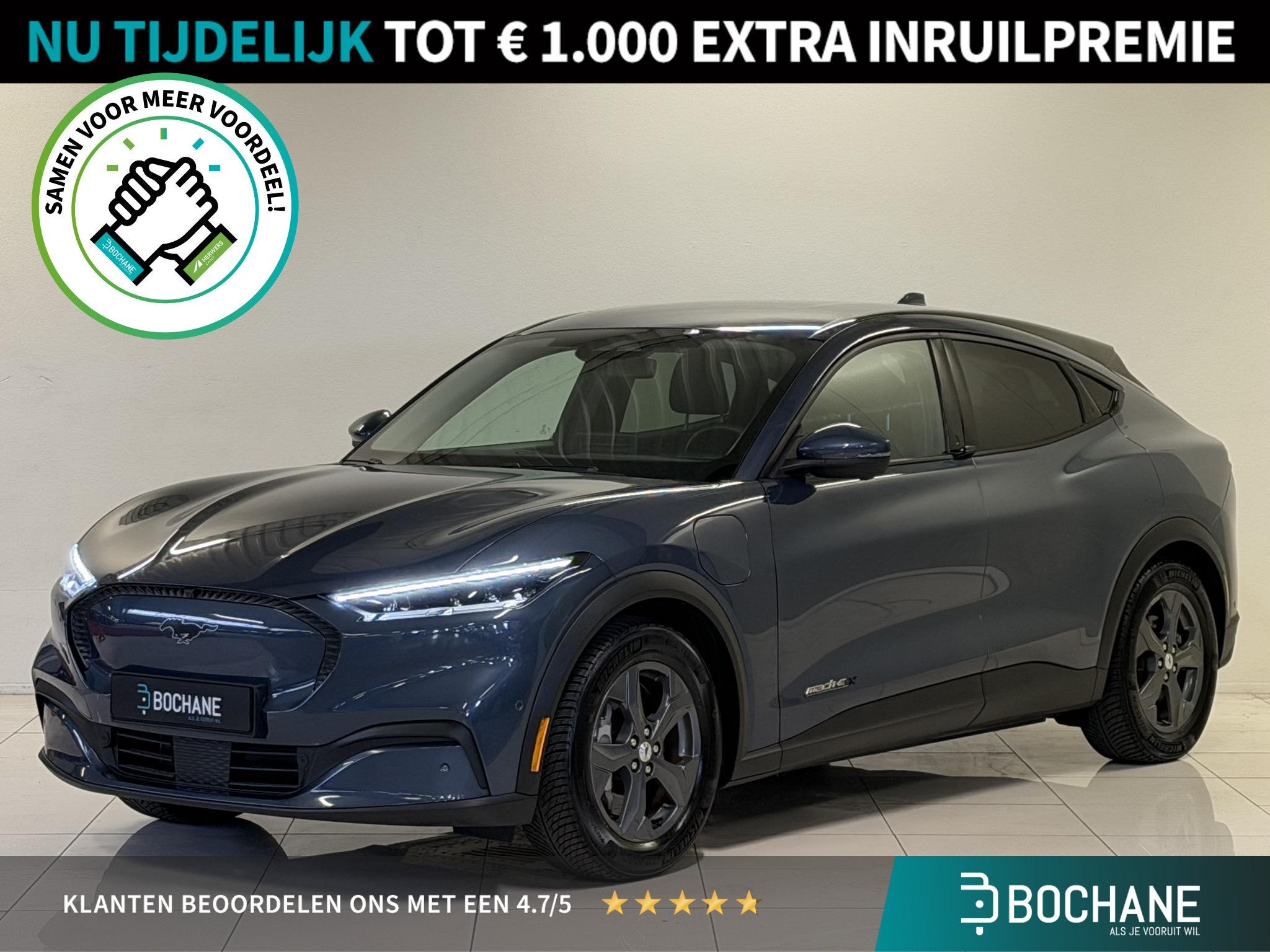 Ford Mustang Mach-E Extended RWD 98 kWh | SoH 93% | Trekhaak, Auto's, Dealer onderhouden, Gebruikt, Met garantie (alle), Blauw