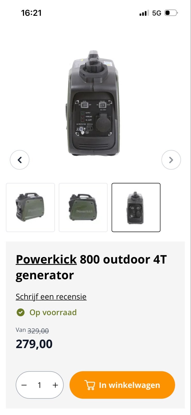 Powerkick 800 watt generator - Slechts 1 keer gebruikt, Ophalen of Verzenden, Zo goed als nieuw, Minder dan 5 kVA, Benzine