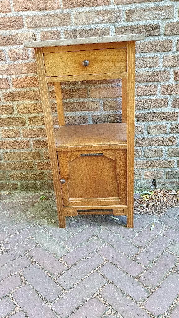 Antiek eiken Nachtkastje/halkastje +marmeren bovenblad, in, Ophalen