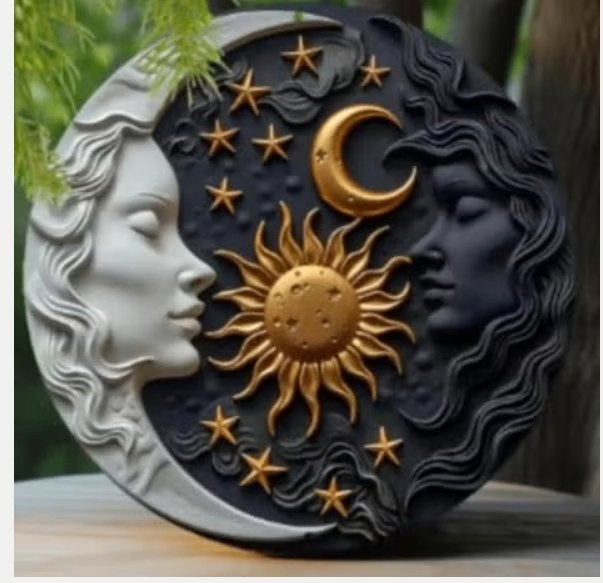 Vintage rond metalen bord Yin Yang Zon en Maan (20cm)