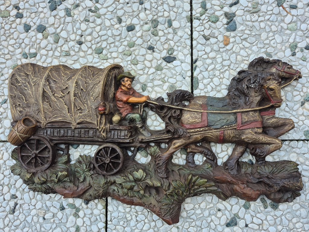 Wanddecoratie Western: Man met paarden en huifkar, Gebruikt, Meerkleurig, Decoratieobject, Steen/keramiek