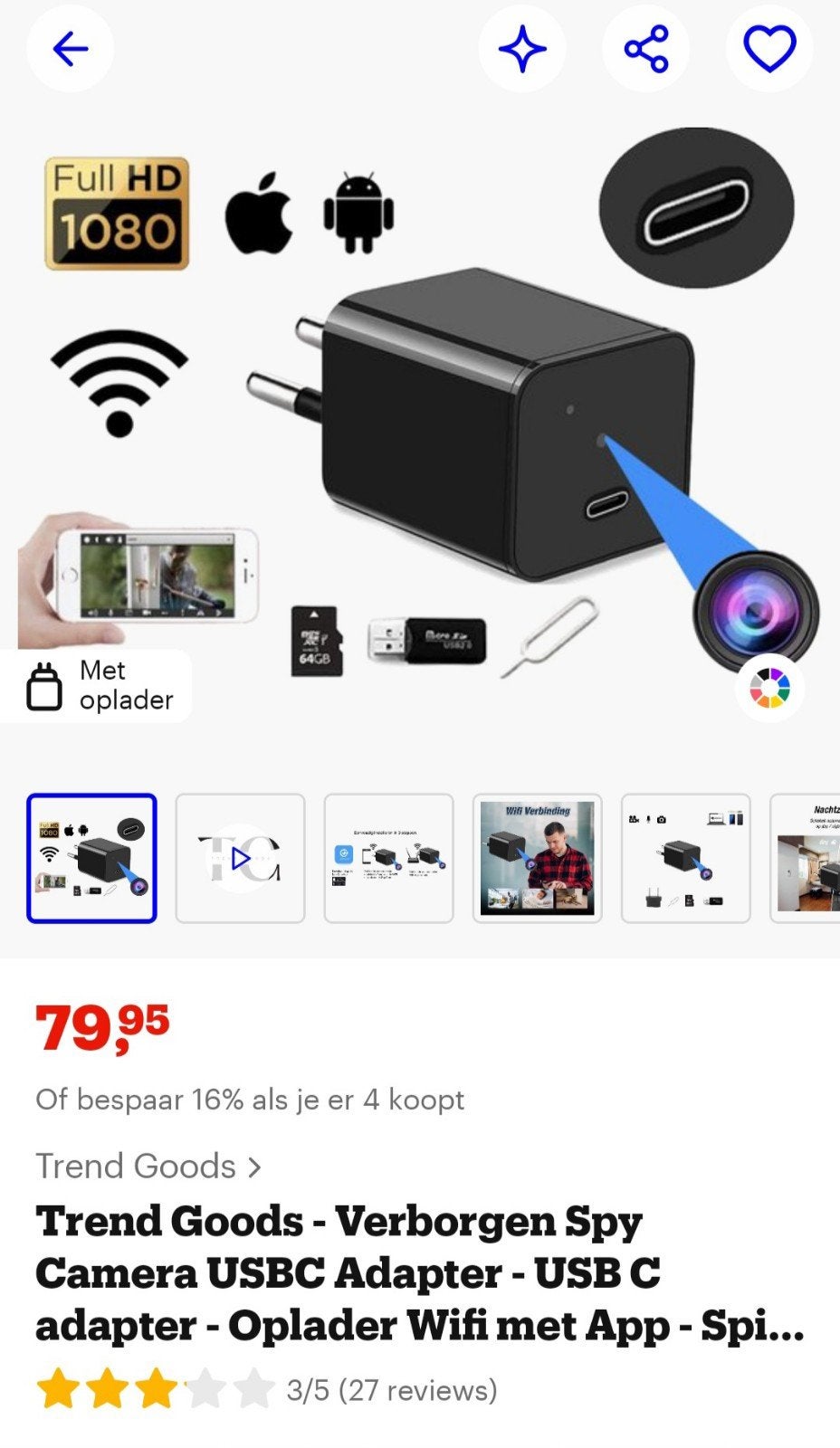 Verborgen Spy Camera USB-C Oplader Full HD met Wifi & App, Ophalen of Verzenden, Nieuw, Binnencamera