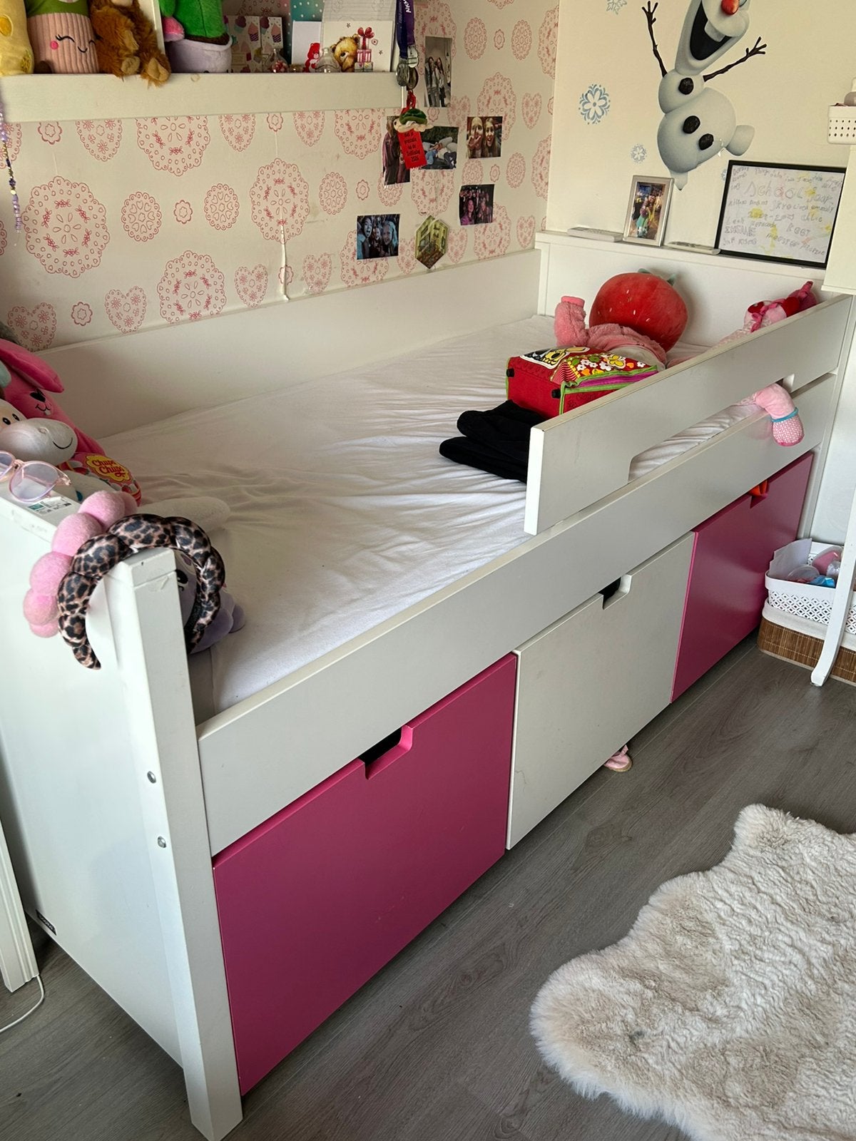 Bopita Kinderbed met opberglades - wit/roze, Ophalen, Gebruikt, 70 tot 85 cm, Lattenbodem