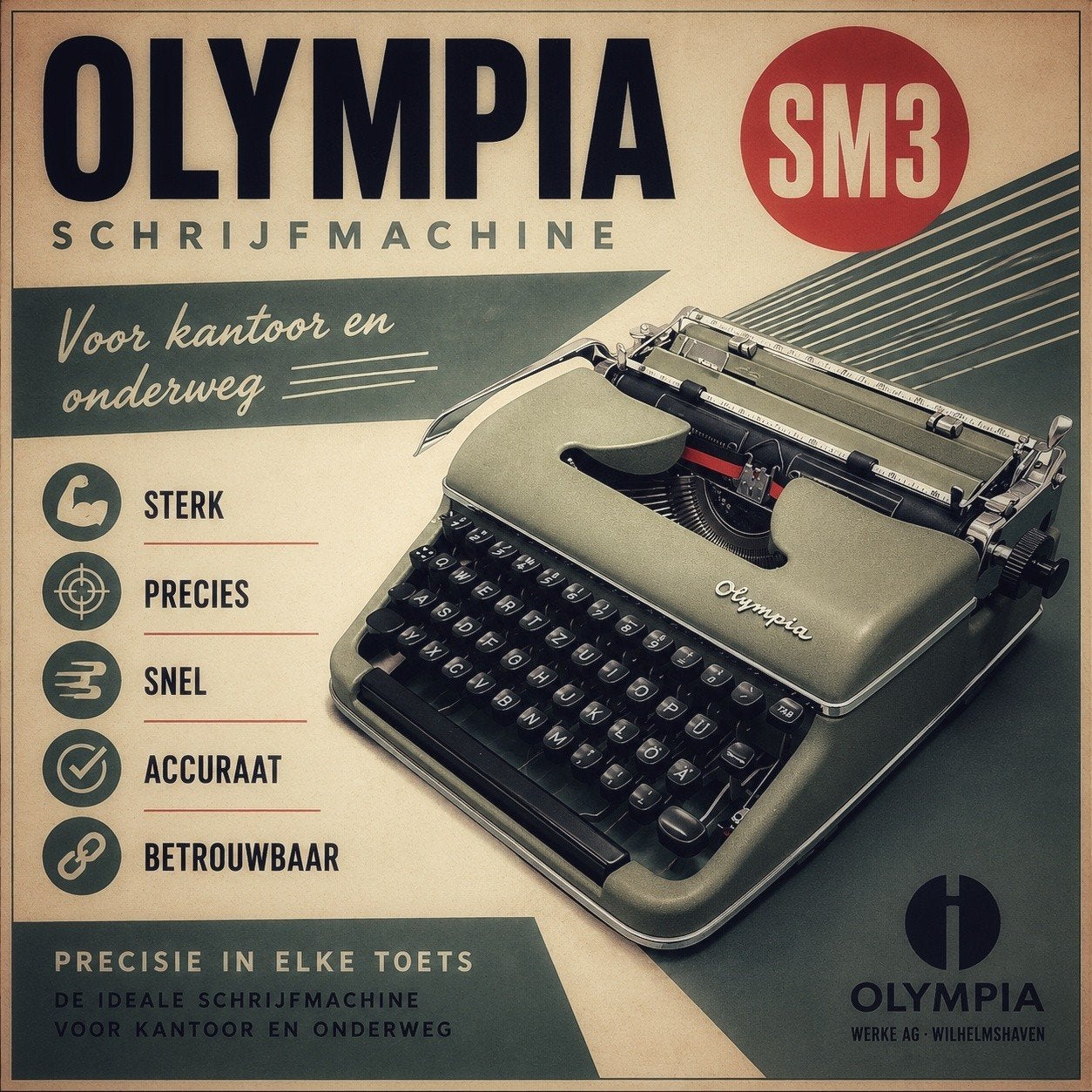Olympia SM3, 1956, vakkundig gereviseerd, Diversen, Typemachines, Ophalen of Verzenden, Gebruikt