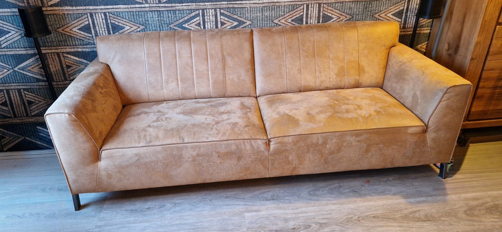 Henders en Hazel Zembla 3-zits bank cognac microleder, Ophalen, Gebruikt, Driepersoons, 75 tot 100 cm