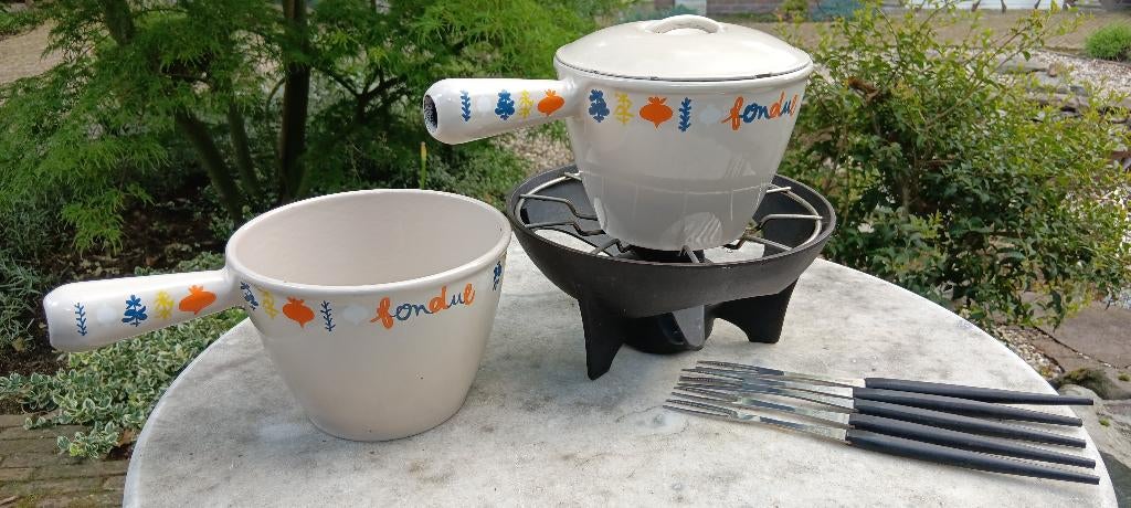 Vintage LE CREUSET fondue set + 2 pannen + origineel vorkjes, Kookpan of Snelkookpan, Gietijzer, Ophalen of Verzenden, Zo goed als nieuw