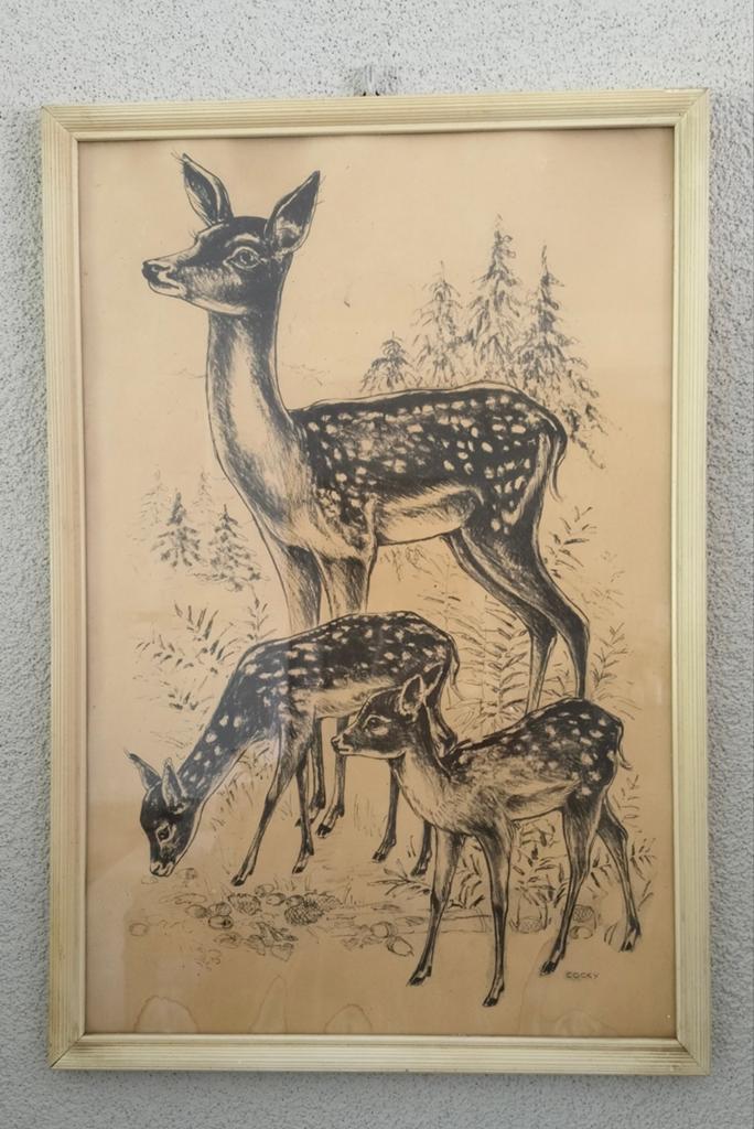 Vintage tekening van hertenfamilie - gesigneerd Cocky, Ophalen of Verzenden