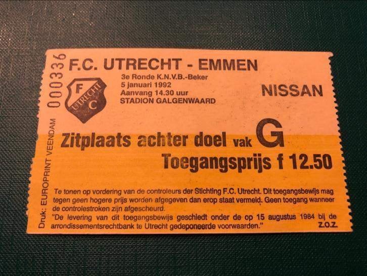Ticket Knvb Beker Fc Utrecht - Emmen seizoen 1991/1992, Verzamelen, Ophalen of Verzenden, Zo goed als nieuw, F.C. Utrecht, Overige typen