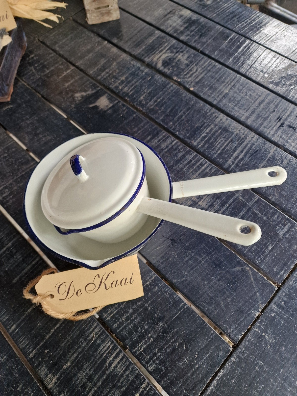 Emaille steelpan, wit met blauw randje, Ophalen of Verzenden