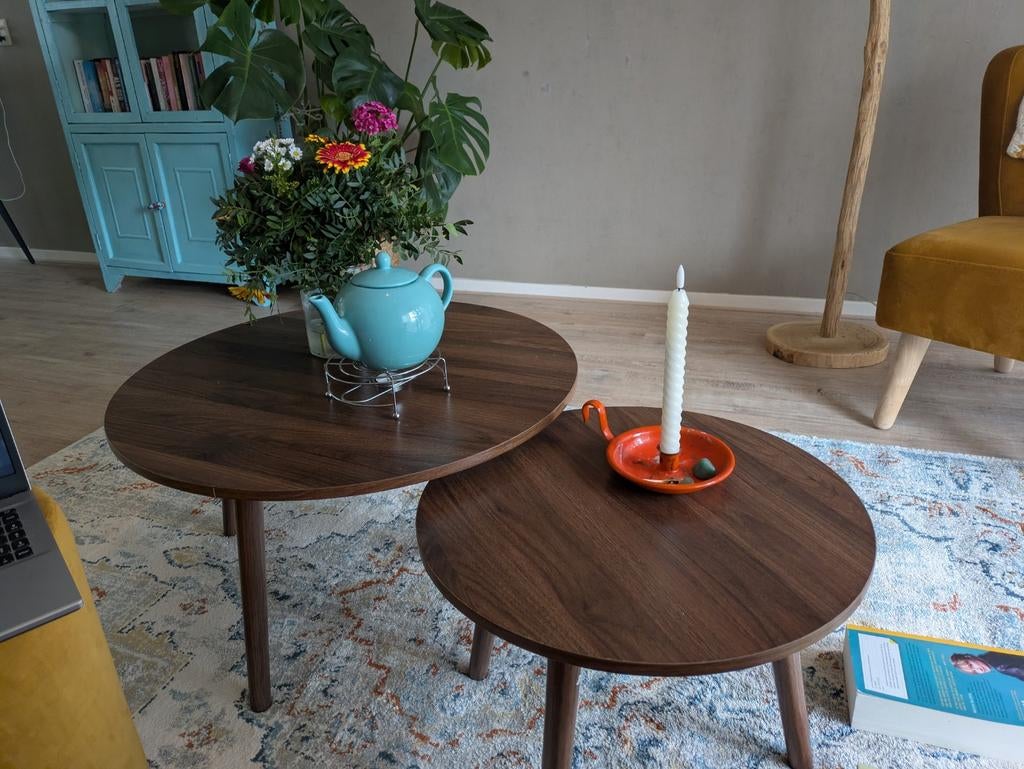 Salontafeltjes sweek rond walnoot  / goedkoop!, Ophalen, 50 tot 100 cm, Rond, 50 tot 100 cm