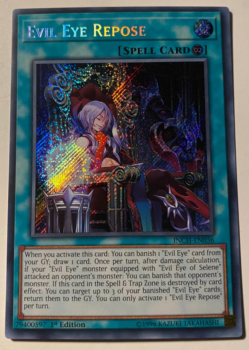 Yu-Gi-Oh! Evil Eye Repose INCH 1st Edition !, Ophalen of Verzenden, Zo goed als nieuw, Losse kaart, Foil