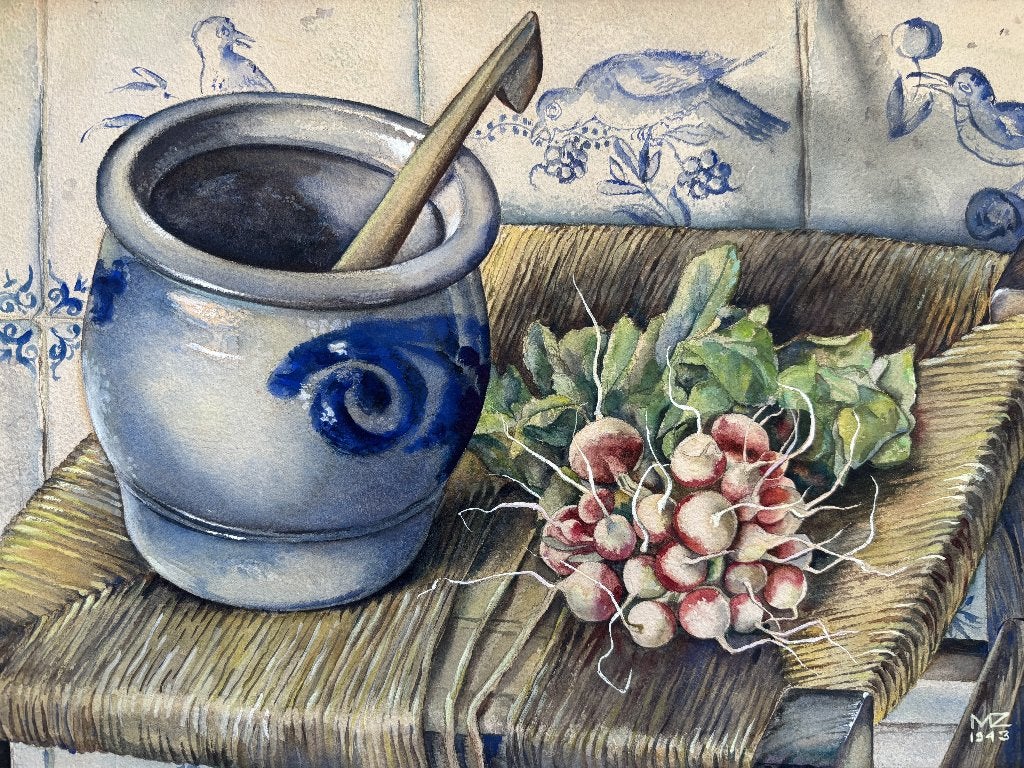 Marguerite Hynckes (1897-1978) - Stilleven met Keulse pot, Ophalen of Verzenden, Schilderij, Aquarel, Handgemaakt