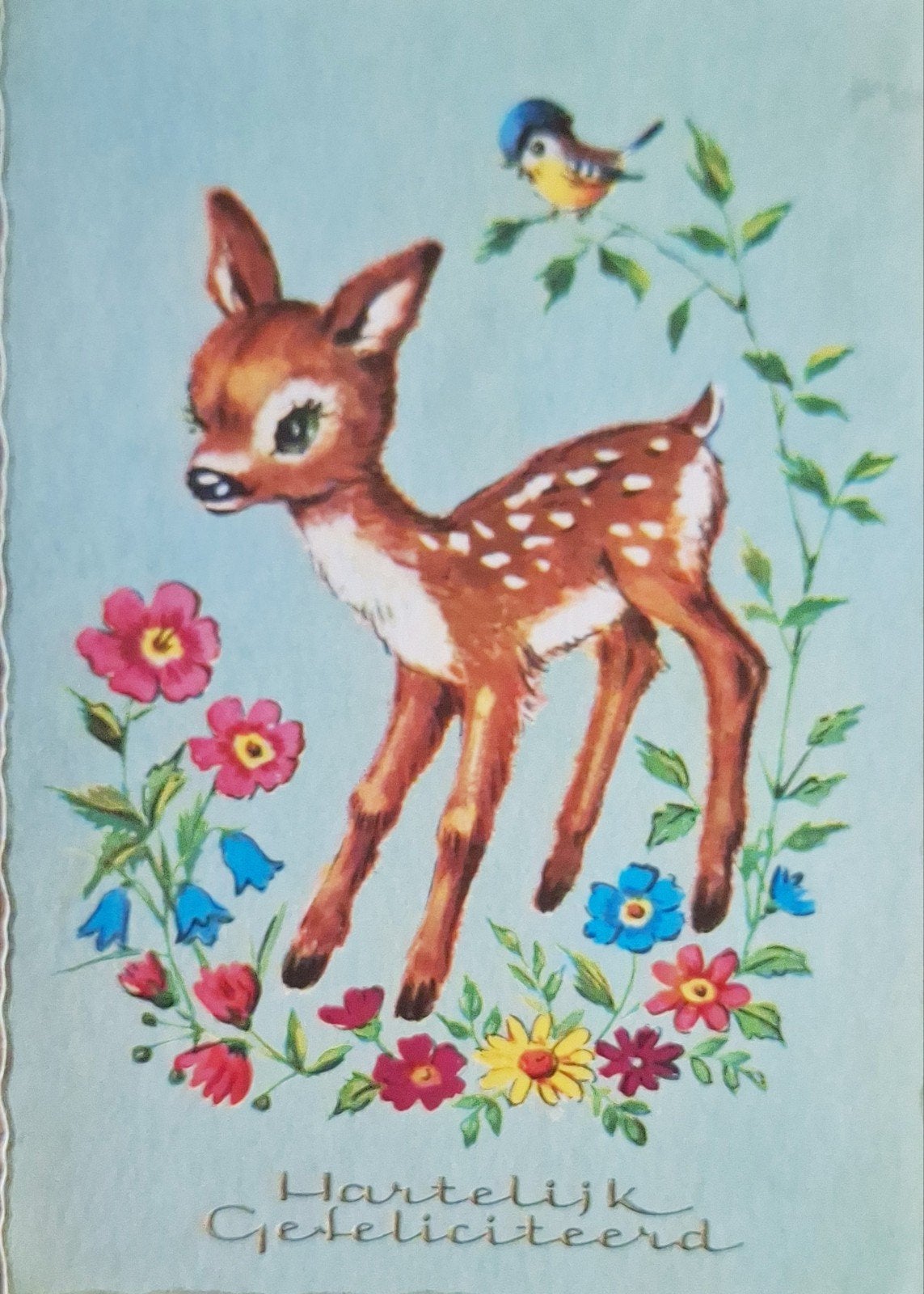 vintage ansichtkaart met jong hertje (bambi-stijl), Ophalen of Verzenden, Gelopen
