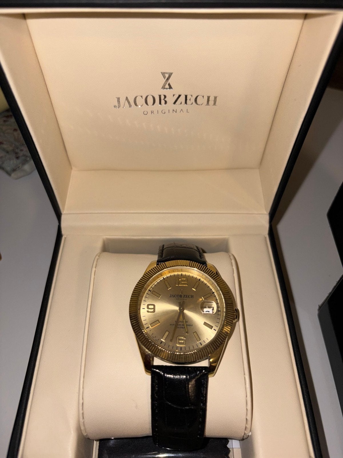Jacob Zech Origineel Gouden Horloge met Zwarte Leren Band, Sieraden, Tassen en Uiterlijk, Horloges | Heren, Overige merken, Leer