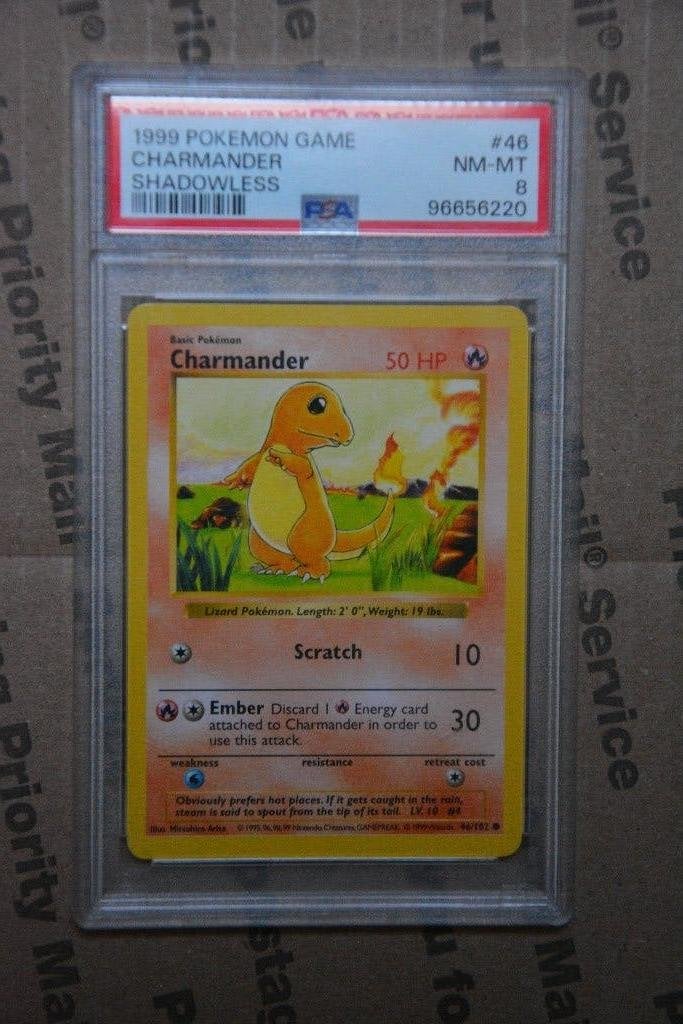 Charmander Base Set Shadowless PSA 8, Ophalen of Verzenden, Gebruikt, Losse kaart