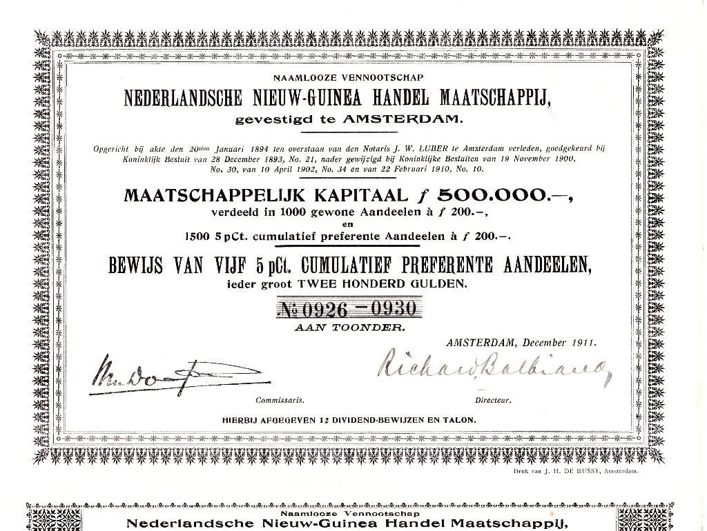 NEDERLANDSCHE NIEUW - GUINEA MAATSCHAPPIJ AMSTERDAM 1911, Postzegels en Munten, Aandelen en Waardepapieren, Ophalen of Verzenden
