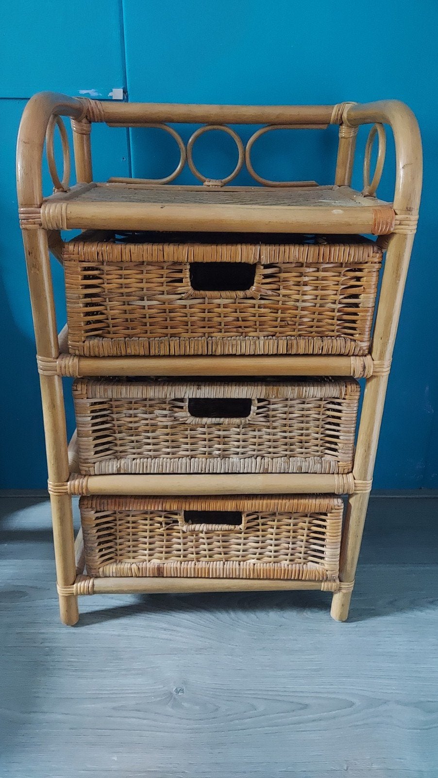 Vintage rotan ladekastje met 3 manden, Minder dan 50 cm, Gebruikt, Ophalen of Verzenden, 3 of 4 laden