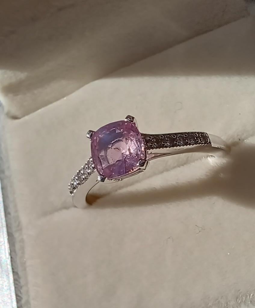 14k Witgouden Ring - 0.85ct Paarse Ceylon Saffier (Unheated), Paars, Ophalen of Verzenden, Met edelsteen, Dame