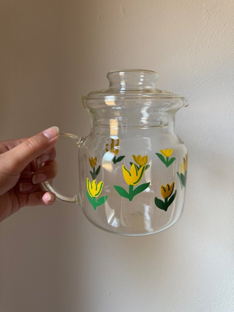 Vintage glazen theepot met tulpen motief, Overige typen, Ophalen of Verzenden, Overige stijlen, Glas