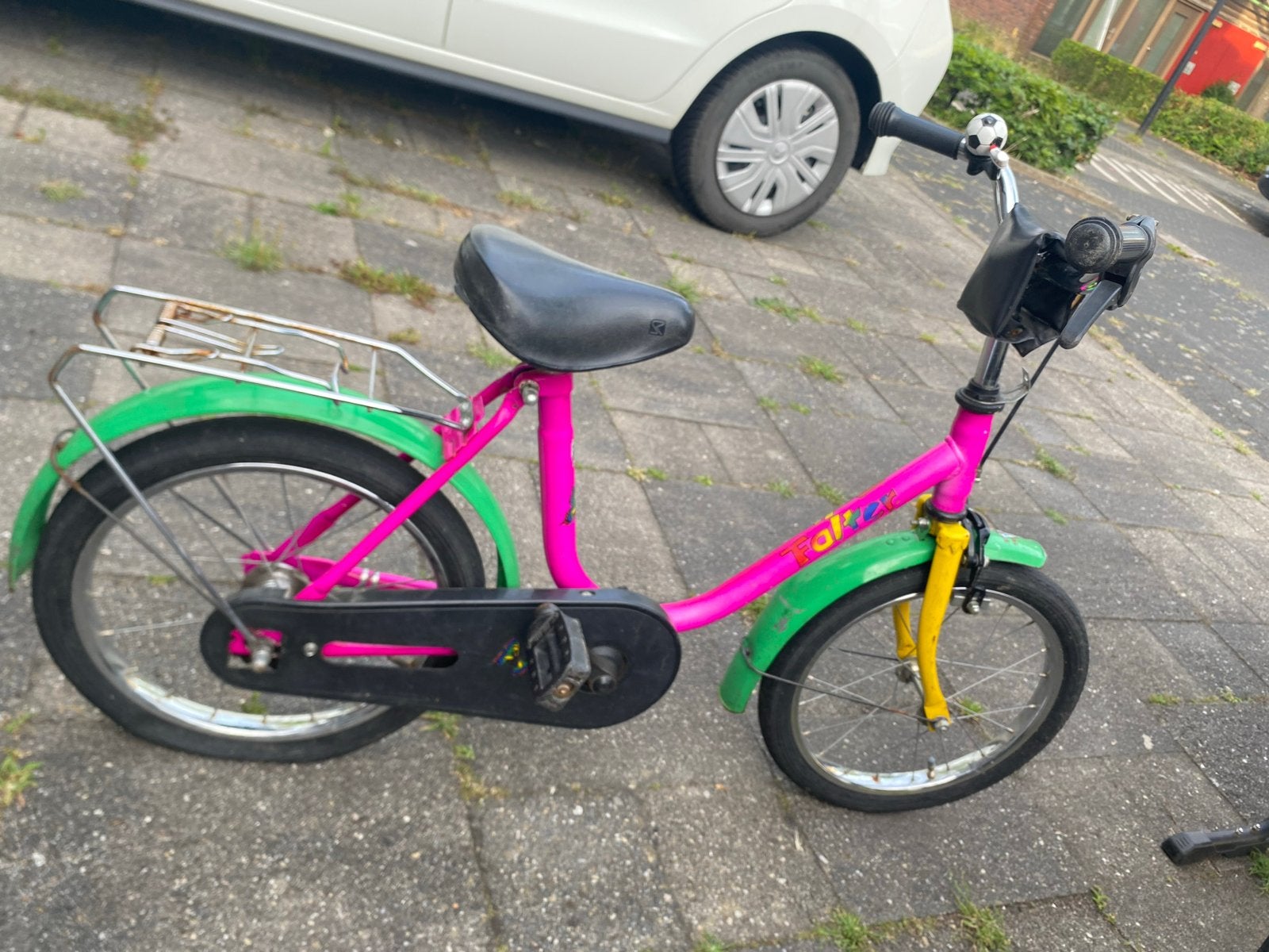 Leuke roze kinderfiets met bagagedrager, Ophalen, Gebruikt, Terugtraprem, 16 tot 20 inch