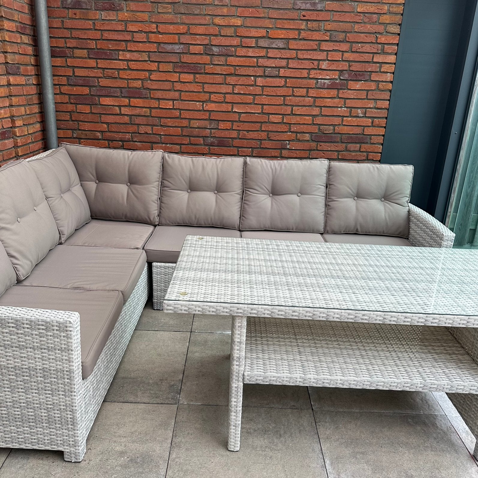 Wicker hoek loungeset 250x190 cm met tafel en kussens, Tuin en Terras, Tuinsets en Loungesets, Ophalen, Zo goed als nieuw, Wicker